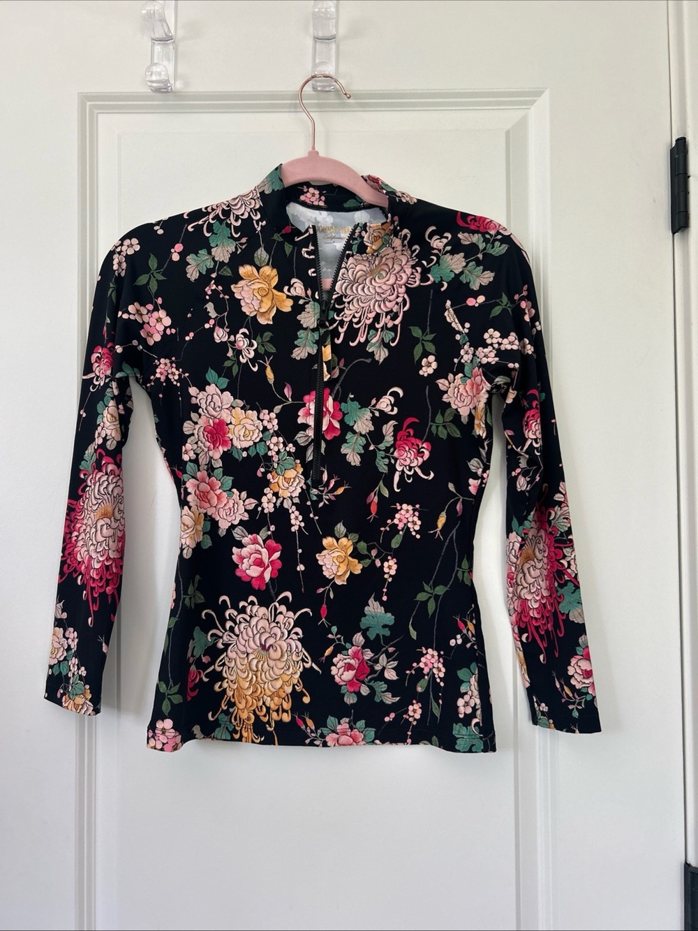 JOHNNY WAS size S Black Floral Half Zip Surf Shirt Rashguard Top